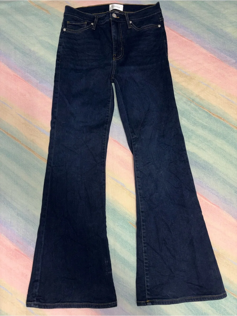 FRAME The Pixie Icon Jeans in Rinse Blue Mid Rise Flare Wide Leg Size 28